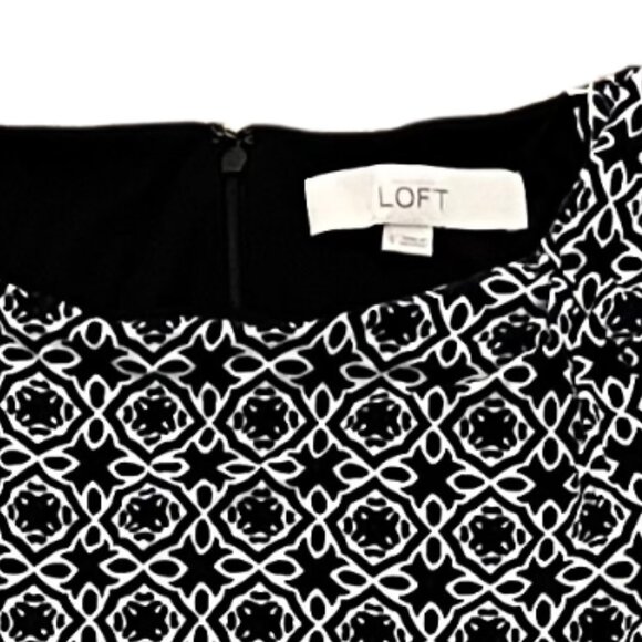 LOFT Black and White Mosaic Side Pleat Knee Length Long Sleeve Dress, Size S - Picture 3 of 4